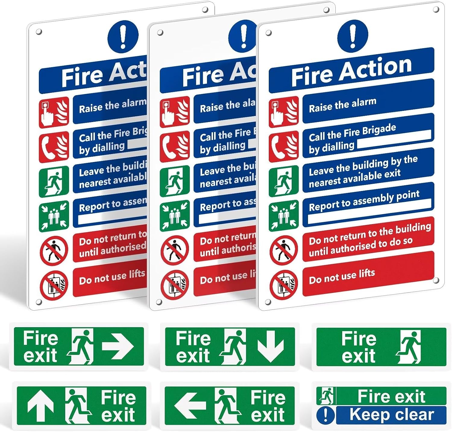 Fire Safety Signs Pack of 9, Fire Action Notice, Exit & Keep Clear Set