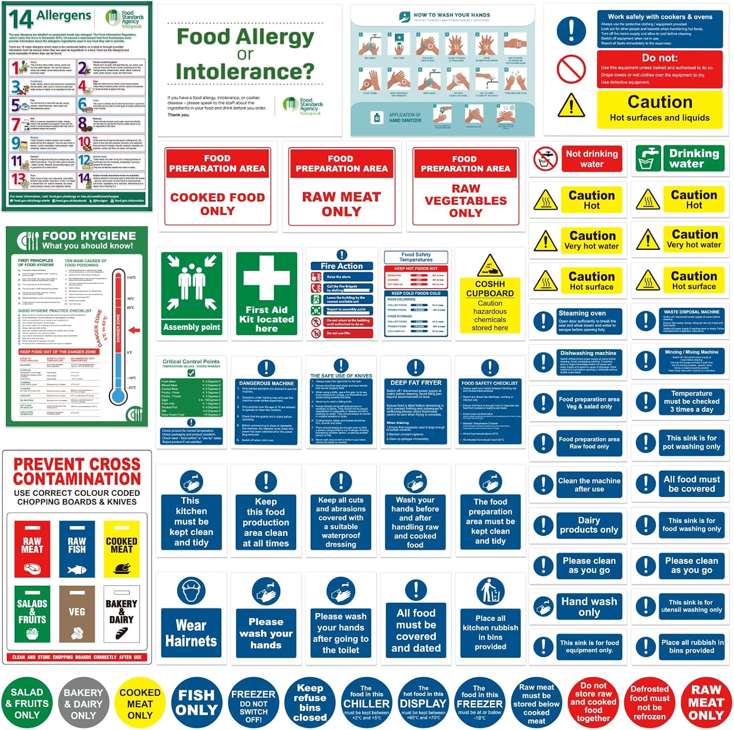 Kitchen Safety Signs Set, 68 Pcs, Food Hygiene Kitchen Stickers
