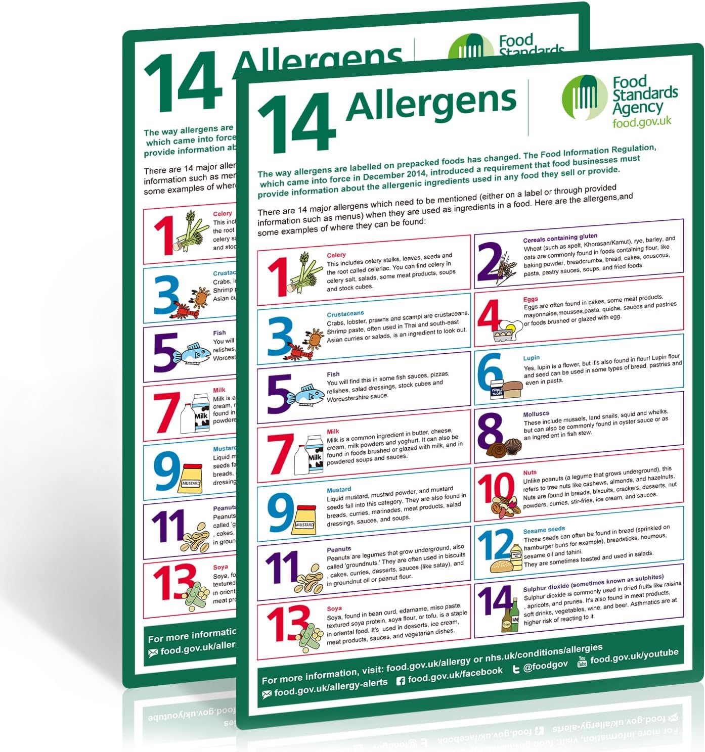 14 Food Allergens Poster 2 Pack, A4 297 x 210mm Self-Adhesive Vinyl Signs